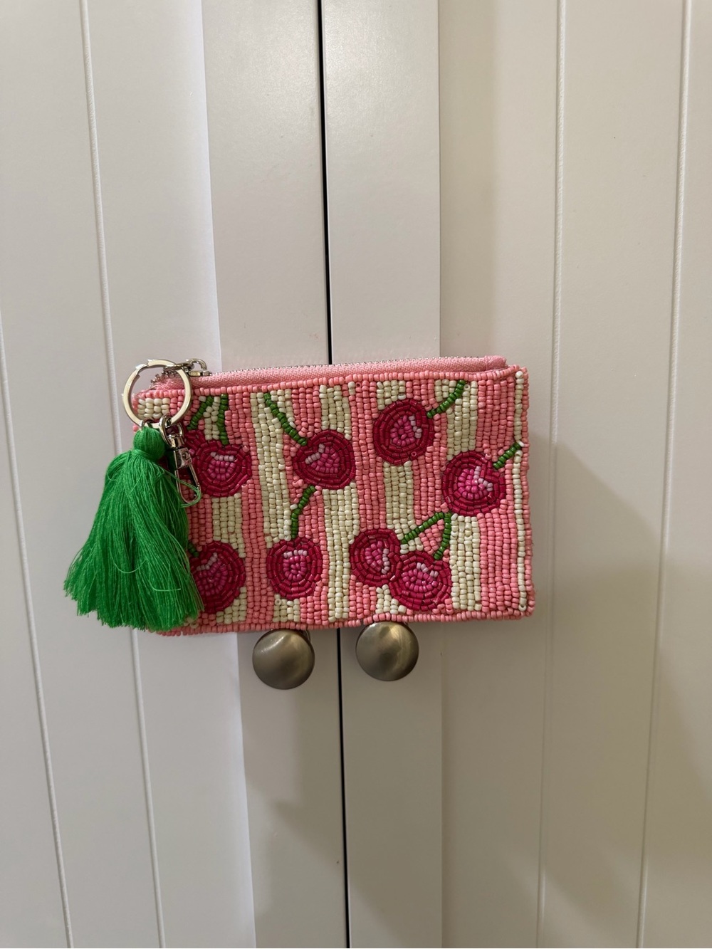 Beaded Cherry Tassel Coin Purse Wallet - Pink